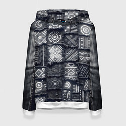 Толстовка-худи женская Африканские узоры на пэчворк дениме, цвет: 3D-белый