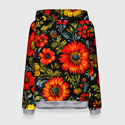 Толстовка-худи женская Русская хохлома, паттерн, цвет: 3D-меланж