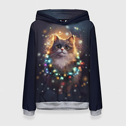Толстовка-худи женская Уютный котик - Новый год, цвет: 3D-меланж