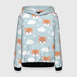 Толстовка-худи женская Узор сибу ину и облака, цвет: 3D-черный