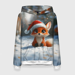 Толстовка-худи женская Новогодняя милая лисичка, цвет: 3D-белый