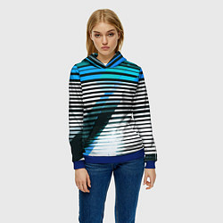 Толстовка-худи женская Сине-чёрные полосы на белом фоне, цвет: 3D-синий — фото 2