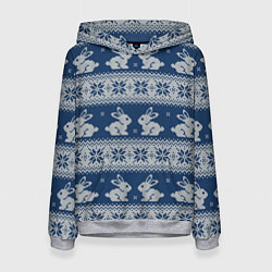 Толстовка-худи женская Вязаный зимний узор с милыми зайчатами, цвет: 3D-меланж