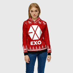 Толстовка-худи женская Новогодний Exo с оленями, цвет: 3D-черный — фото 2