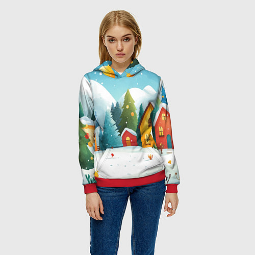 Женская толстовка Новогодний городок иллюстрация / 3D-Красный – фото 3