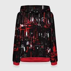 Толстовка-худи женская Бело-красная тревожная абстракция на чёрном фоне, цвет: 3D-красный