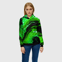 Толстовка-худи женская Зелёные брызги на чёрном фоне, цвет: 3D-черный — фото 2