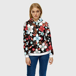 Толстовка-худи женская Красно-белые цветы на чёрном фоне, цвет: 3D-белый — фото 2