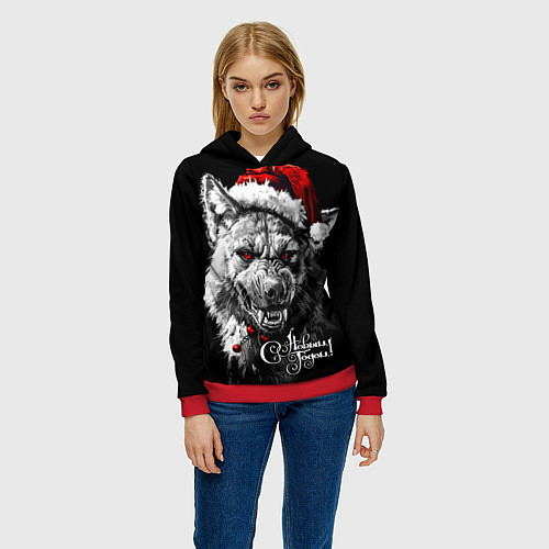 Женская толстовка Свирепая гиена в шапке Санты / 3D-Красный – фото 3