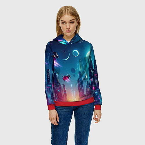 Женская толстовка Neon metropolis in the future - ai art fantasy / 3D-Красный – фото 3