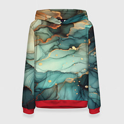 Толстовка-худи женская Бирюзовый узор с оранжевыми вставками, цвет: 3D-красный