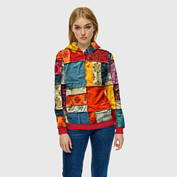 Толстовка-худи женская Пэчворк из ярких тканей, цвет: 3D-красный — фото 2