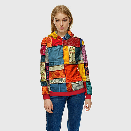 Женская толстовка Пэчворк из ярких тканей / 3D-Красный – фото 3
