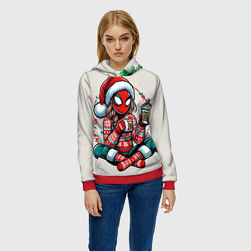 Женская толстовка Новогодняя женщина-паук с горячим шоколадом / 3D-Красный – фото 3