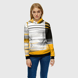 Толстовка-худи женская Чёрные вертикальные полосы на жёлто-белом фоне, цвет: 3D-черный — фото 2