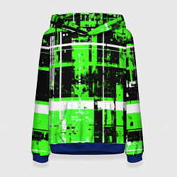 Толстовка-худи женская Зелёно-белый гранж на чёрном фоне, цвет: 3D-синий