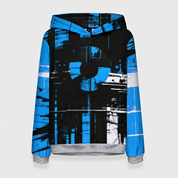 Толстовка-худи женская Сине-белый гранж на чёрном фоне, цвет: 3D-меланж