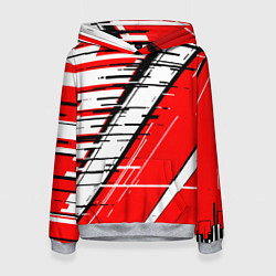 Толстовка-худи женская Чёрно-белые глитч полосы на красном фоне, цвет: 3D-меланж