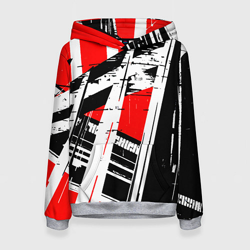 Женская толстовка Чёрно-белые абстрактные линии на красном фоне / 3D-Меланж – фото 1
