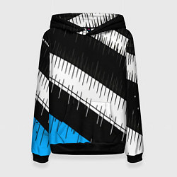 Толстовка-худи женская Диагональные чёрно-белые полосы на синем фоне, цвет: 3D-черный
