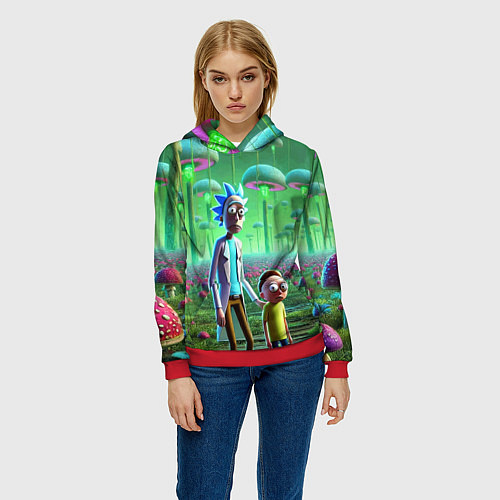 Женская толстовка Рик и Морти в фантастическом неоновом грибном лесу / 3D-Красный – фото 3