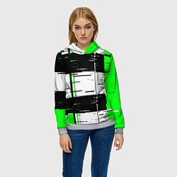 Толстовка-худи женская Зелёные и чёрные полосы на белом фоне, цвет: 3D-меланж — фото 2