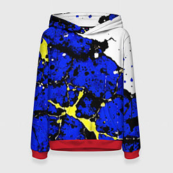 Толстовка-худи женская Сине-жёлтая абстракция на белом фоне, цвет: 3D-красный