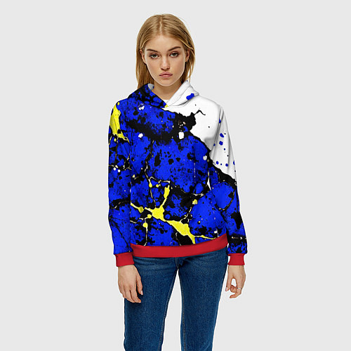 Женская толстовка Сине-жёлтая абстракция на белом фоне / 3D-Красный – фото 3