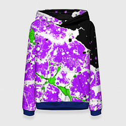 Толстовка-худи женская Зелёно-фиолетовая абстракция на чёрном фоне, цвет: 3D-синий