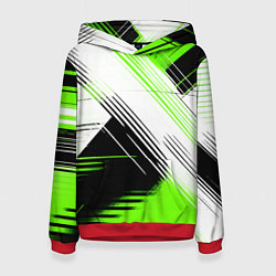 Толстовка-худи женская Диагональные бело-зелёные линии на чёрном фоне, цвет: 3D-красный