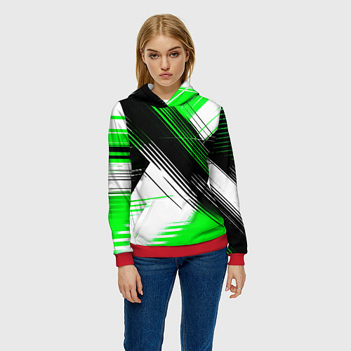 Женская толстовка Диагональные зелёно-чёрные линии на белом фоне / 3D-Красный – фото 3