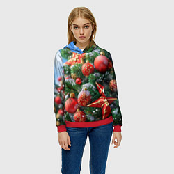 Толстовка-худи женская Красные шары и звезда новогодняя, цвет: 3D-красный — фото 2