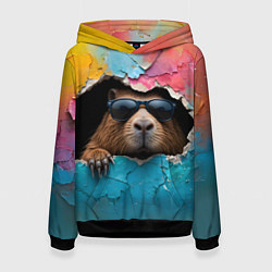 Толстовка-худи женская Капибара в стене, цвет: 3D-черный