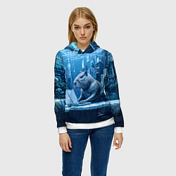 Толстовка-худи женская Капибара программист под водой, цвет: 3D-белый — фото 2