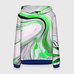 Толстовка-худи женская Волнистые чёрно-зелёные линии на белом фоне, цвет: 3D-синий