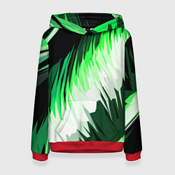 Толстовка-худи женская Зелёно-белая абстракция на чёрном фоне, цвет: 3D-красный