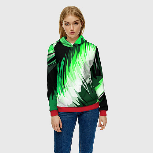 Женская толстовка Зелёно-белая абстракция на чёрном фоне / 3D-Красный – фото 3