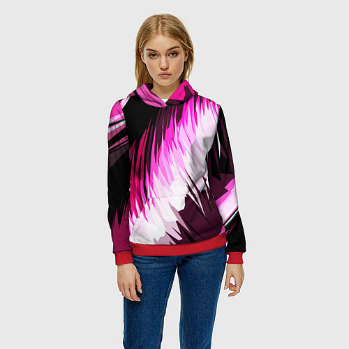 Женская толстовка Бело-розовые острые полосы на чёрном фоне / 3D-Красный – фото 3