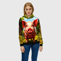 Толстовка-худи женская Свинка в деревне, цвет: 3D-черный — фото 2