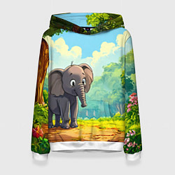 Толстовка-худи женская Слоненок в лесу, цвет: 3D-белый
