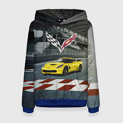 Толстовка-худи женская Шевроле корвет - гоночная команда, цвет: 3D-синий