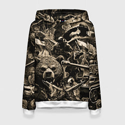 Толстовка-худи женская Медведь на фоне десантников танков и самолетов, цвет: 3D-белый