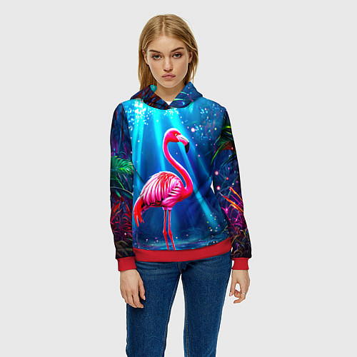 Женская толстовка Розовый фламинго в джунглях / 3D-Красный – фото 3