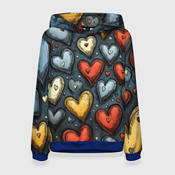 Толстовка-худи женская Разноцветные сердца, цвет: 3D-синий