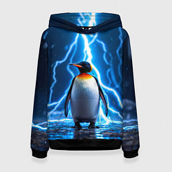 Толстовка-худи женская Пингвин удар молнии, цвет: 3D-черный