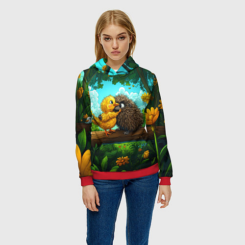 Женская толстовка Цыпленок обнимает ежика / 3D-Красный – фото 3