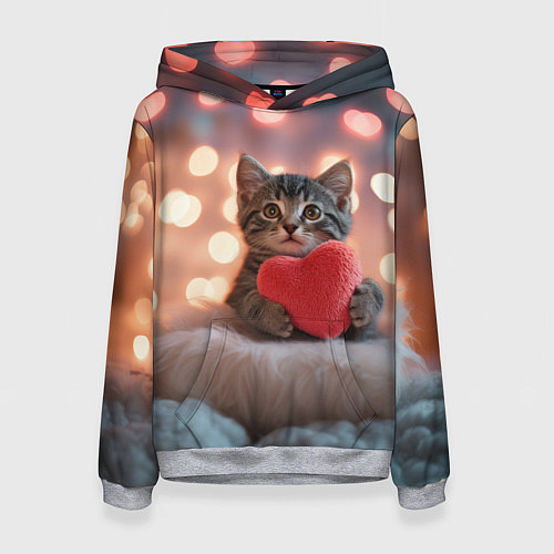 Женская толстовка Котенок поздравляет с днем святого Валентина / 3D-Меланж – фото 1
