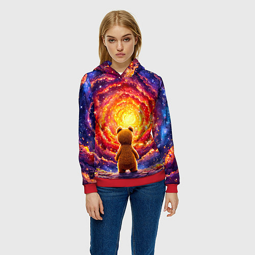 Женская толстовка Медвежонок смотрит в космос / 3D-Красный – фото 3