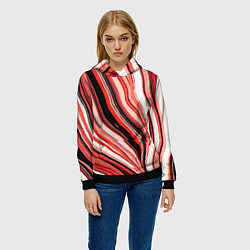 Толстовка-худи женская Волнистые вертикальные чёрно-красные полосы, цвет: 3D-черный — фото 2