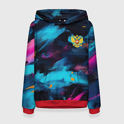 Толстовка-худи женская Герб РФ на текстурном камуфляже, цвет: 3D-красный